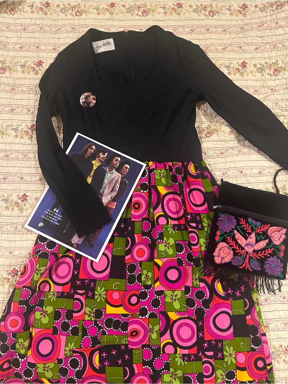 True Vintage 60s Julie Miller Psychedelic Maxi Dress Black Pink Green Mod S M/L